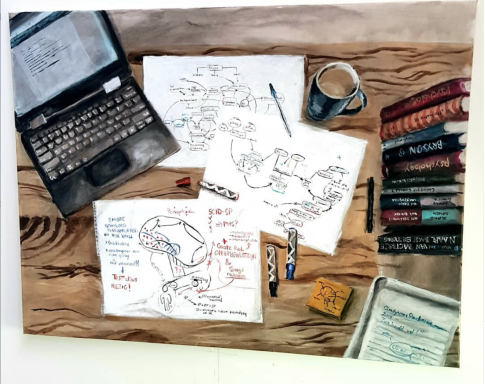 Een bureau met een laptop, notities, boeken, een pen en een mok koffie.